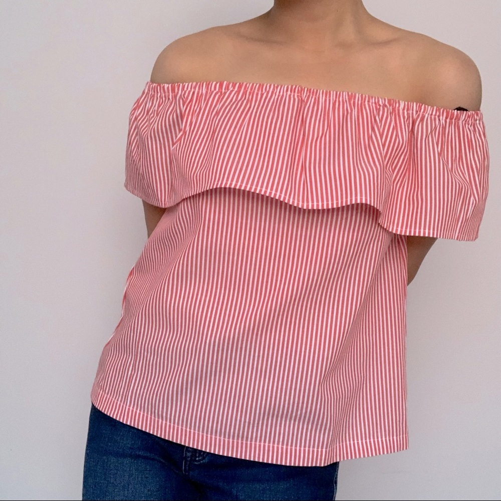 Summer Beach Candy Striped Off The Shoulder Top Shirt in Red, White (Size 6)
